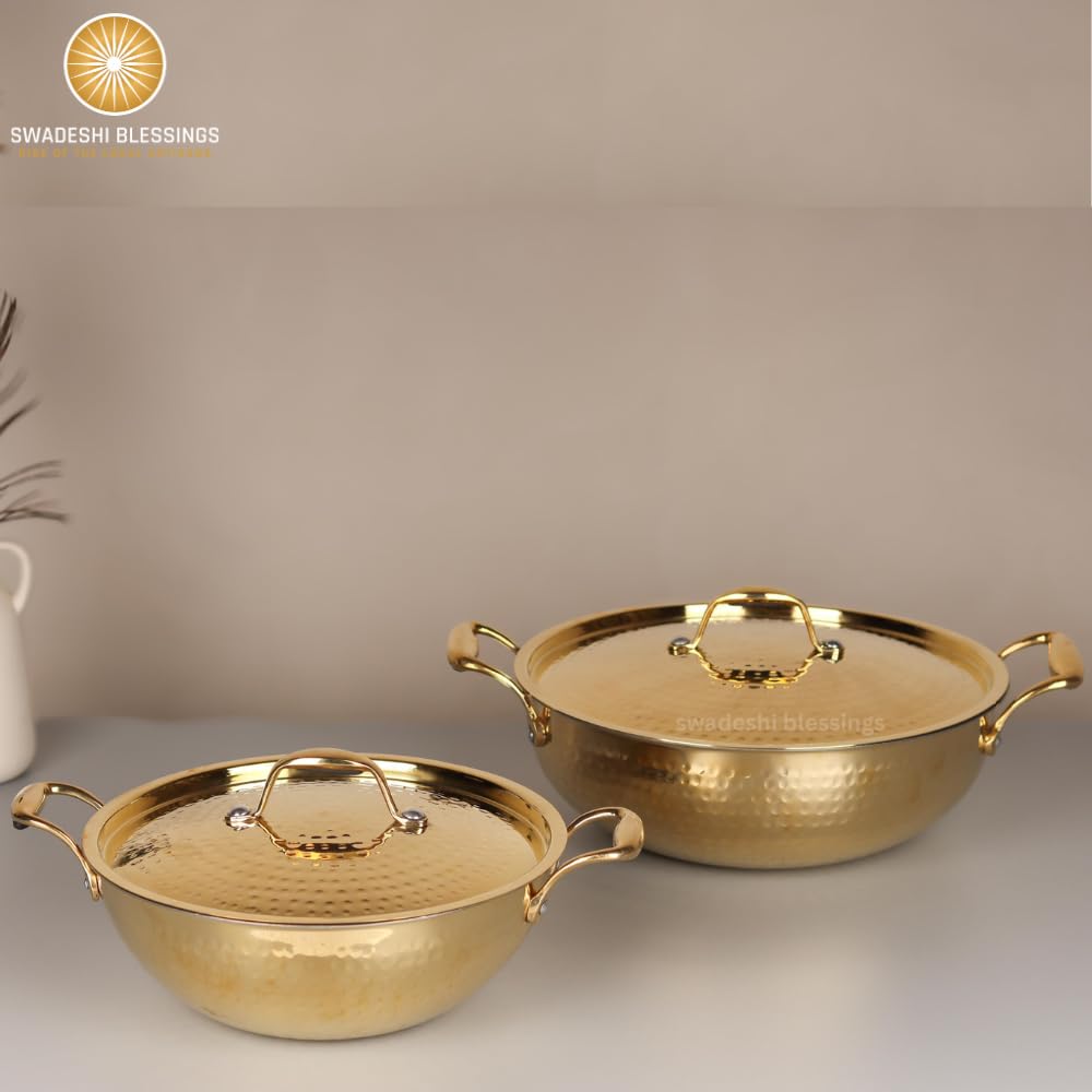 Swadeshi Blessings Exclusive Range Brass Kadai for Cooking with Lid/Teflon-Free/Naturally Non-Stick Brass Utensils with Tin Coating (2 Litres)