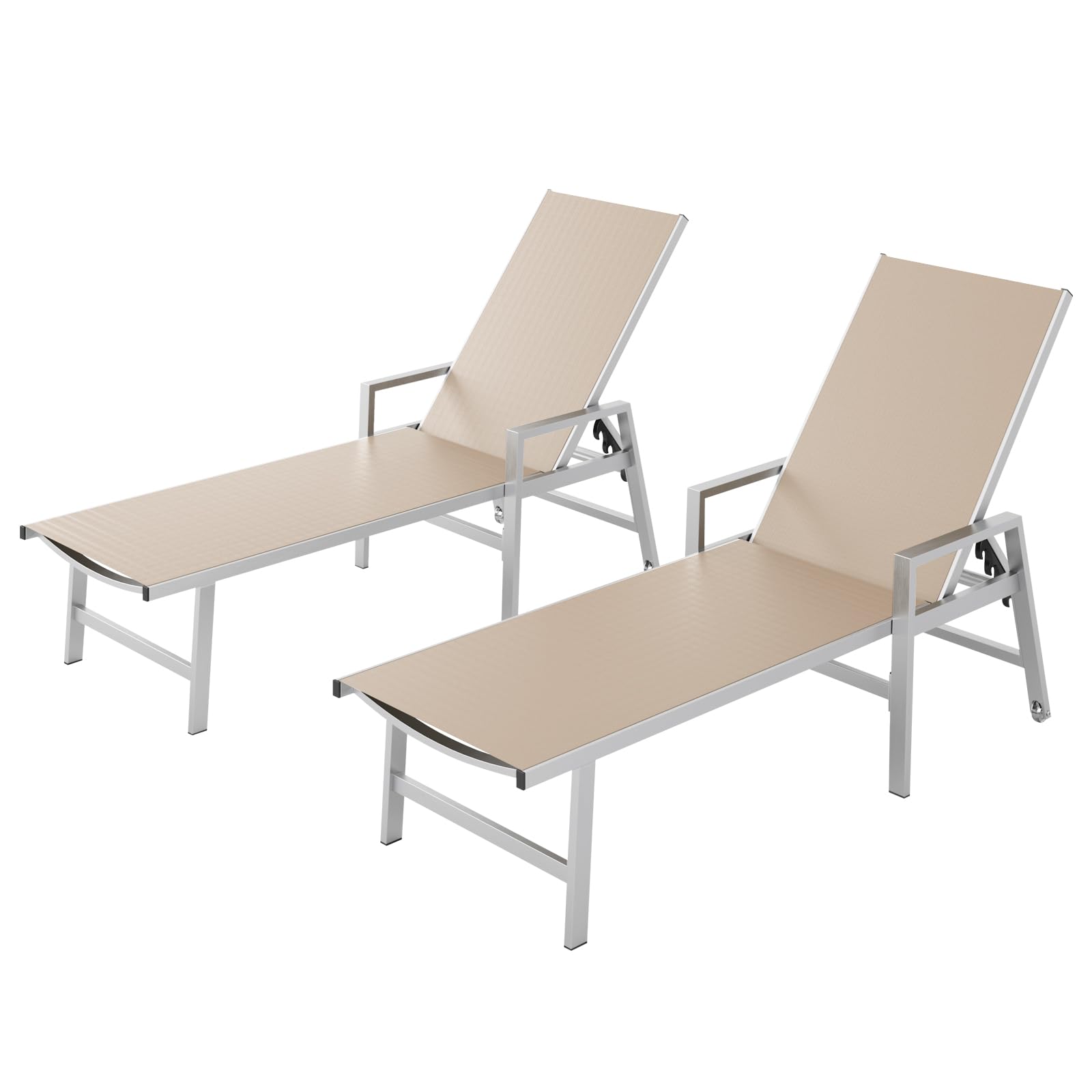 Patio Chaise Lounge Chair Outdoor with Wheels&Armrests, Aluminum Pool Lounge Chairs Set of 2 Five-Position Adjustable Recliner, Outdoor Beach Lounge Chairs for Poolside, Patio, Deck, Yard, Khaki