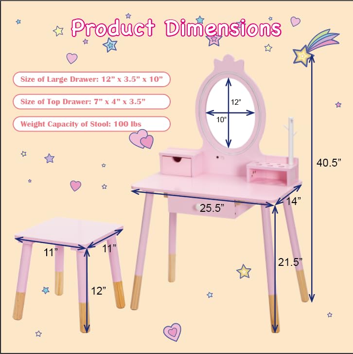 OHKIDS Vanity Set with Table & Stool, Wooden Princess Vanity w/Lights & Mirror, 2-in-1 Kids Makeup Table, Dressing Desk, Large Drawer, Storage Box, Jewelry Rack, Chair, Little Girls Pretend Play Set