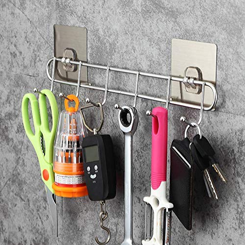 Modernnimalist Shelf,Stainless Steel Wall Monted Hanger 6 Hook Non-Drill Rack for Kitchen Bathroom