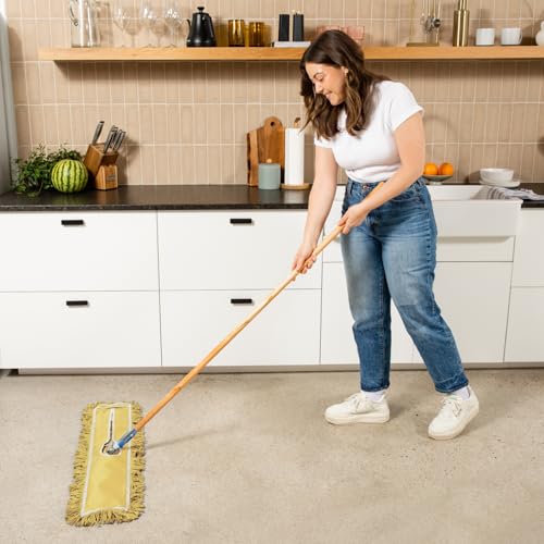 24 Inch Yellow Dust Mop with Wood Handle and 24 Inch Dust Mop Refill Bundle - 6 Mop Sets and 6 Refills