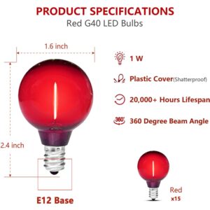 GUILEDUO 15 Pack G40 Red Light Bulb LED Christmas Replacement Bulbs, 1 Watt E12/C7 Candelabra Base Globe Light Bulbs for Outdoor String Lights, Shatterproof Plastic Clear Night Light Bulbs, 120 Volt