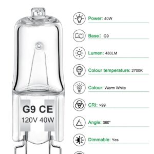 AUZOSL G9 Halogen Bulbs, 12 Pack, 120V, 40W, Dimmable, T4 2 Pin Base, 2700K Warm White (40, Watts)