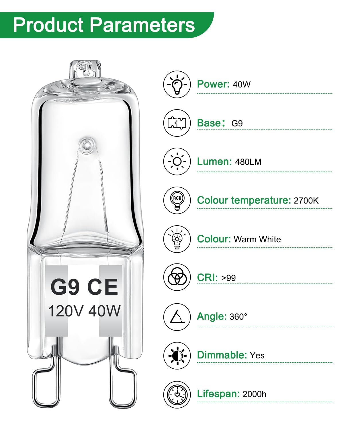 AUZOSL G9 Halogen Bulbs, 12 Pack, 120V, 40W, Dimmable, T4 2 Pin Base, 2700K Warm White (40, Watts)