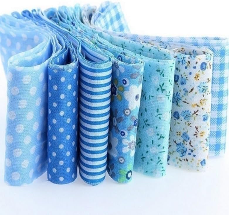 7Pcs Blue Cotton Craft Fabric Bundle Squares Patchwork DIY Sewing Scrapbooking Quilting Floral Dot Pattern Craft and Hobby Fabric 10" x 10" (25cm x 25cm)