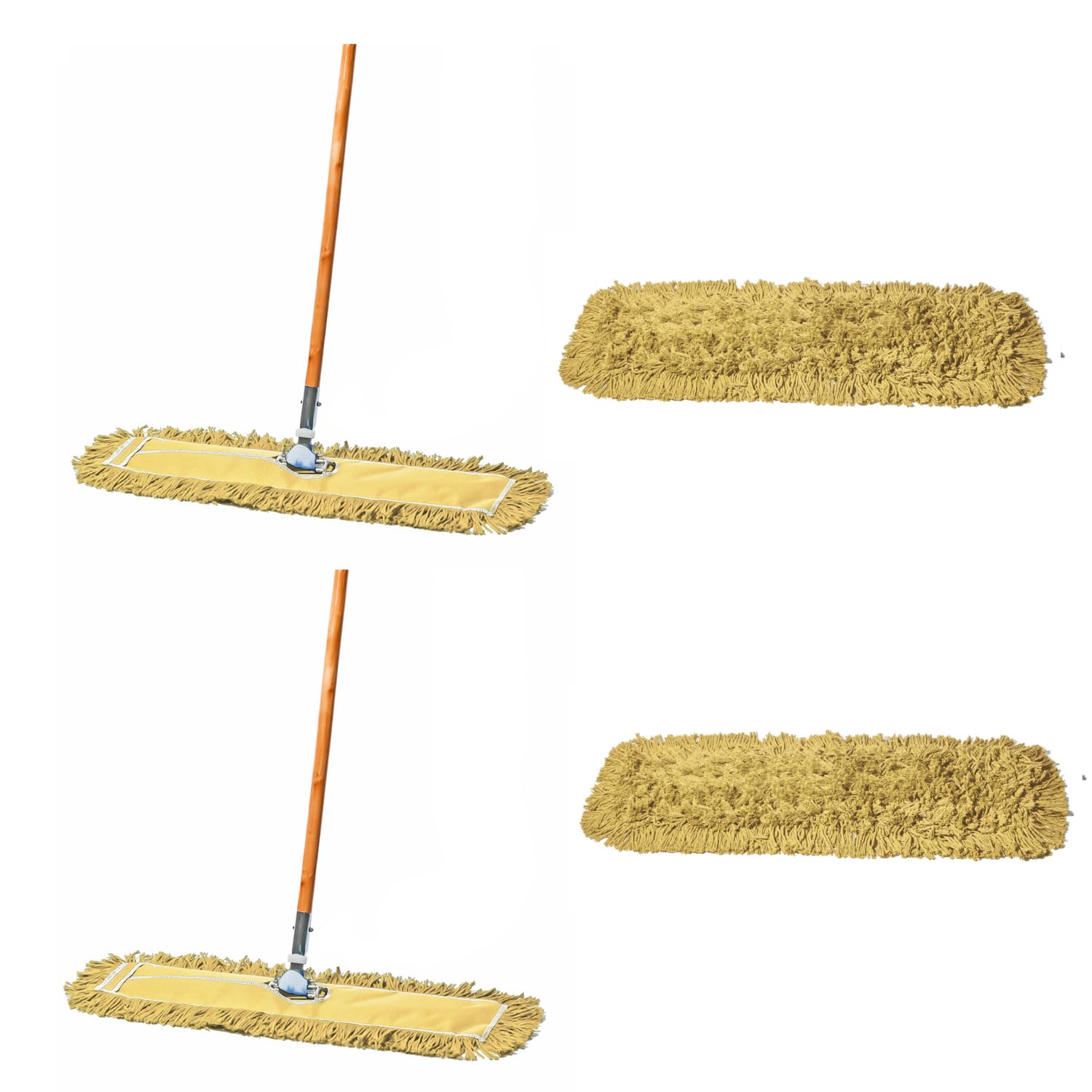 24 Inch Yellow Dust Mop with Wood Handle and 24 Inch Dust Mop Refill Bundle - 2 Mop Sets and 2 Refills