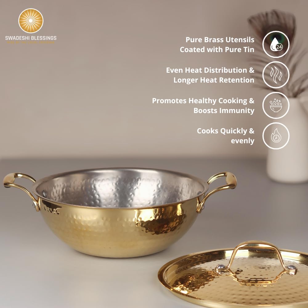 Swadeshi Blessings Exclusive Range Brass Kadai for Cooking with Lid/Teflon-Free/Naturally Non-Stick Brass Utensils with Tin Coating (2 Litres)