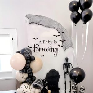 A Baby is Brewing with Bats for Baby Shower Welcome Sign Decal, Halloween Witchy Baby Shower, October Baby Shower, Fall Season Baby，Haunted House Backdrop for Halloween (Baby is Brewing Decal)