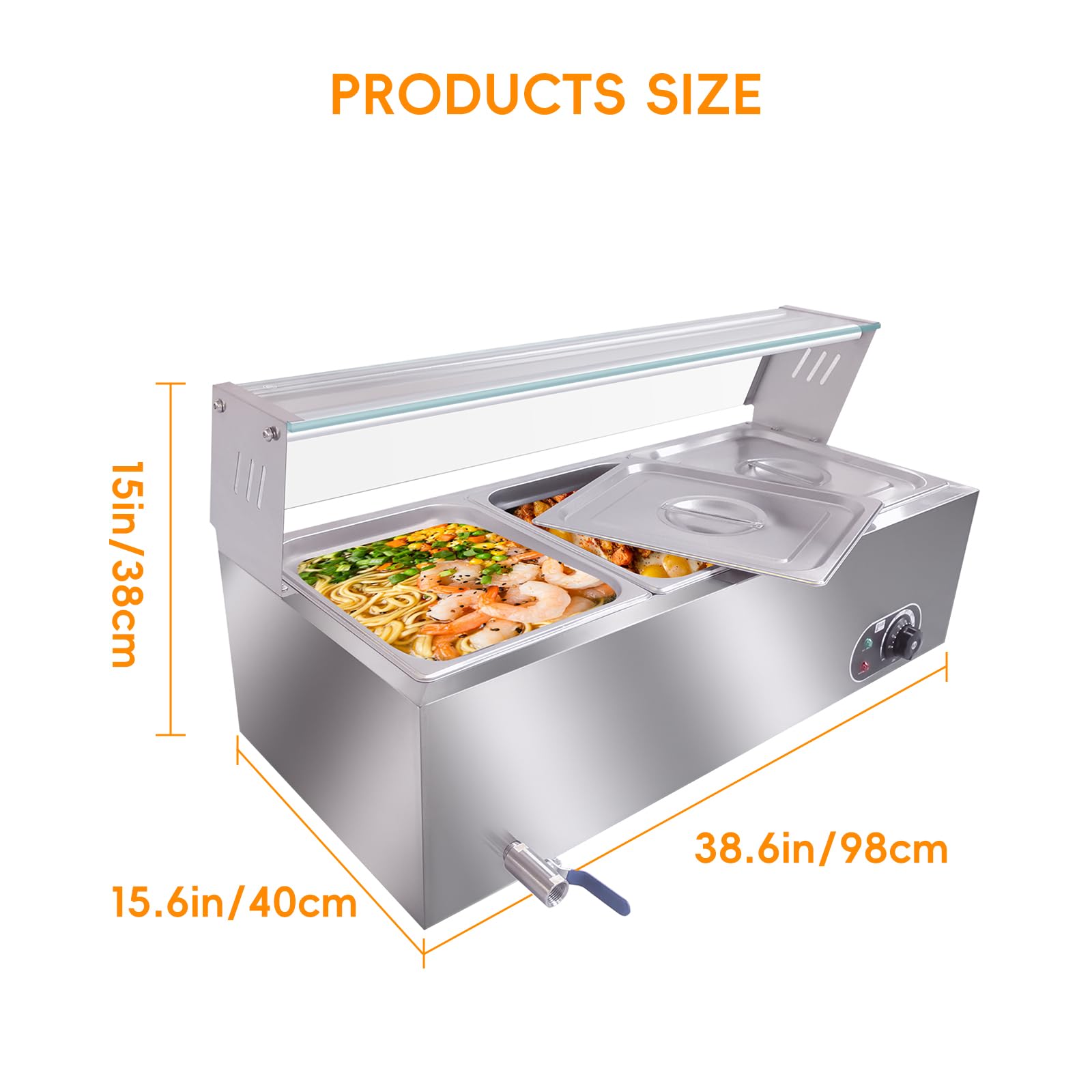 3-Pan Commercial Food Warmer, 36 Qt Electric Steam Table, Stainless Steel Bain Marie with Tempered Glass Cover, 1500W Countertop Food Warmer 86-185°F Temp Control for Catering, Restaurant, Silver