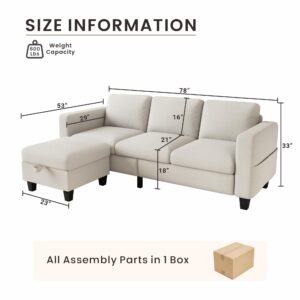 Small Sectional Couch, 78" L Shaped Sofa 3 Seat Modern Couch with Storage Ottoman Convertible Couches for Small Space, Living Room, Bedroom, Apartment and Office - Beige