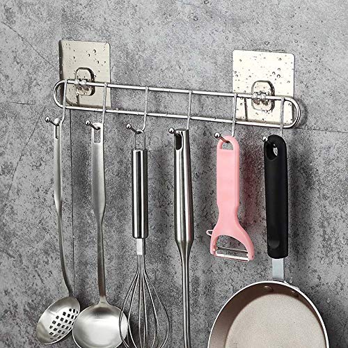 Modernnimalist Shelf,Stainless Steel Wall Monted Hanger 6 Hook Non-Drill Rack for Kitchen Bathroom