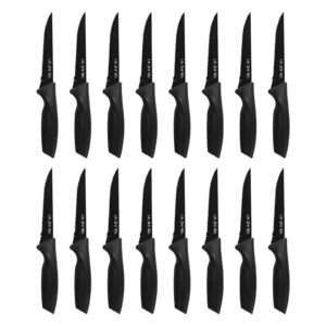 lin zhi ren steak knives,serrated steak knife,high-carbon stainless steel,ergonomic handles,for restaurant kitchen tableware camping,dishwasher safe (16 pcs - black)