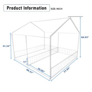 PVWIIK Double Montessori Floor Bed with Fence & Roof for Two Kids Teens Boys Girls,Twin Floor Bed,Easy Assemble,No Box Spring Needed, White