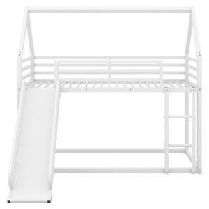 PVWIIK Twin Over Twin Metal Bunk Bed with Slide and Roof Design for Kids,Girls, Boys,House Shaped Bunk Bed Frame,No Box Spring Required,White