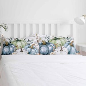 Blue Green White Pumpkin Duvet Cover Queen Size Bedding Set, 3 Pieces Washed Patterned Textured Bed Comforter/Quilt Cover with Matching Fall Farmhouse Thanksgiving Leaves Pillowcases for All Seasons