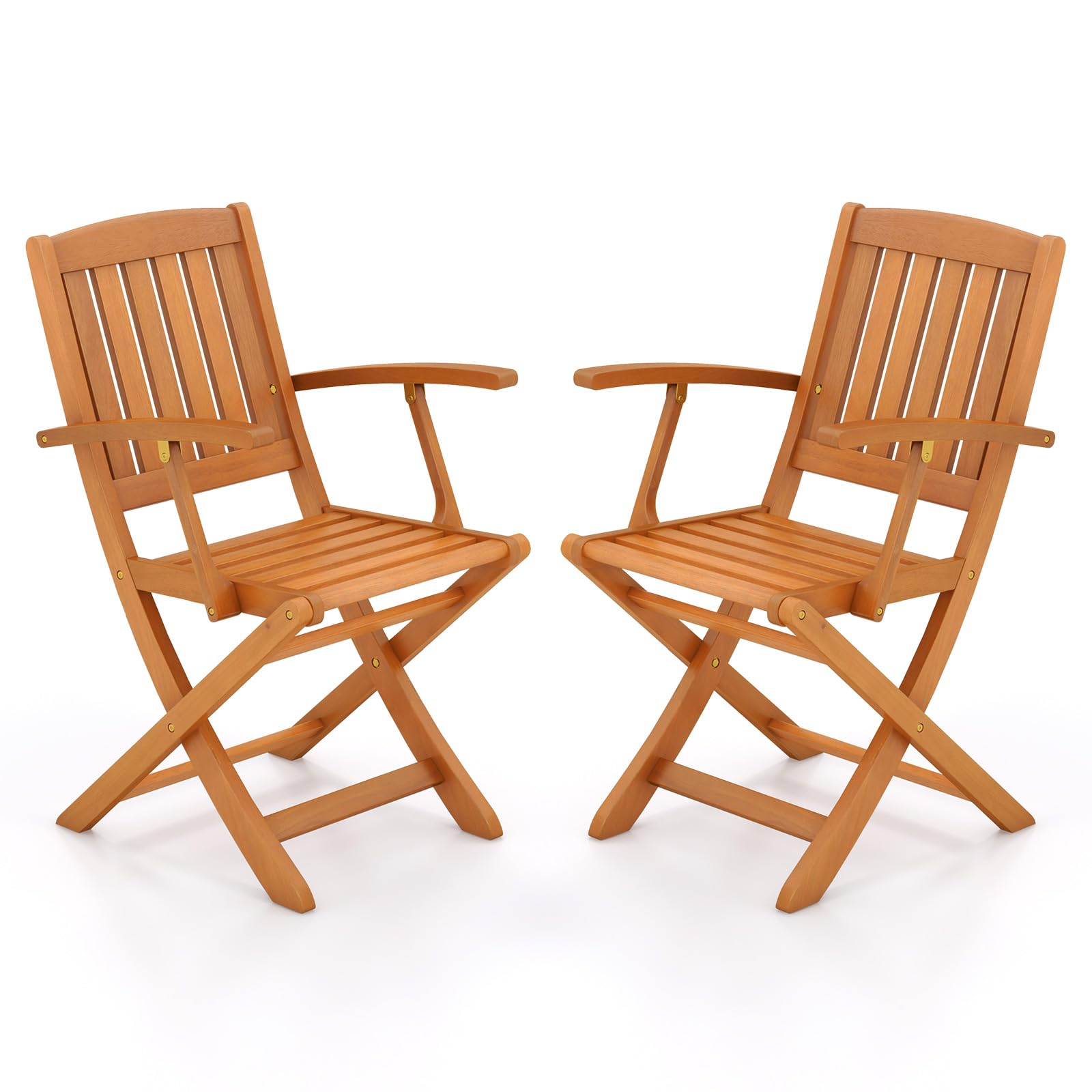 Tangkula Patio Wood Folding Chair Set of 2, Outdoor Eucalyptus Wood Dining Chairs w/Armrests & Slatted Seat, for Backyard, Porch, Poolside, Lawn, Garden, Load up to 400 LBS (1, Natural)