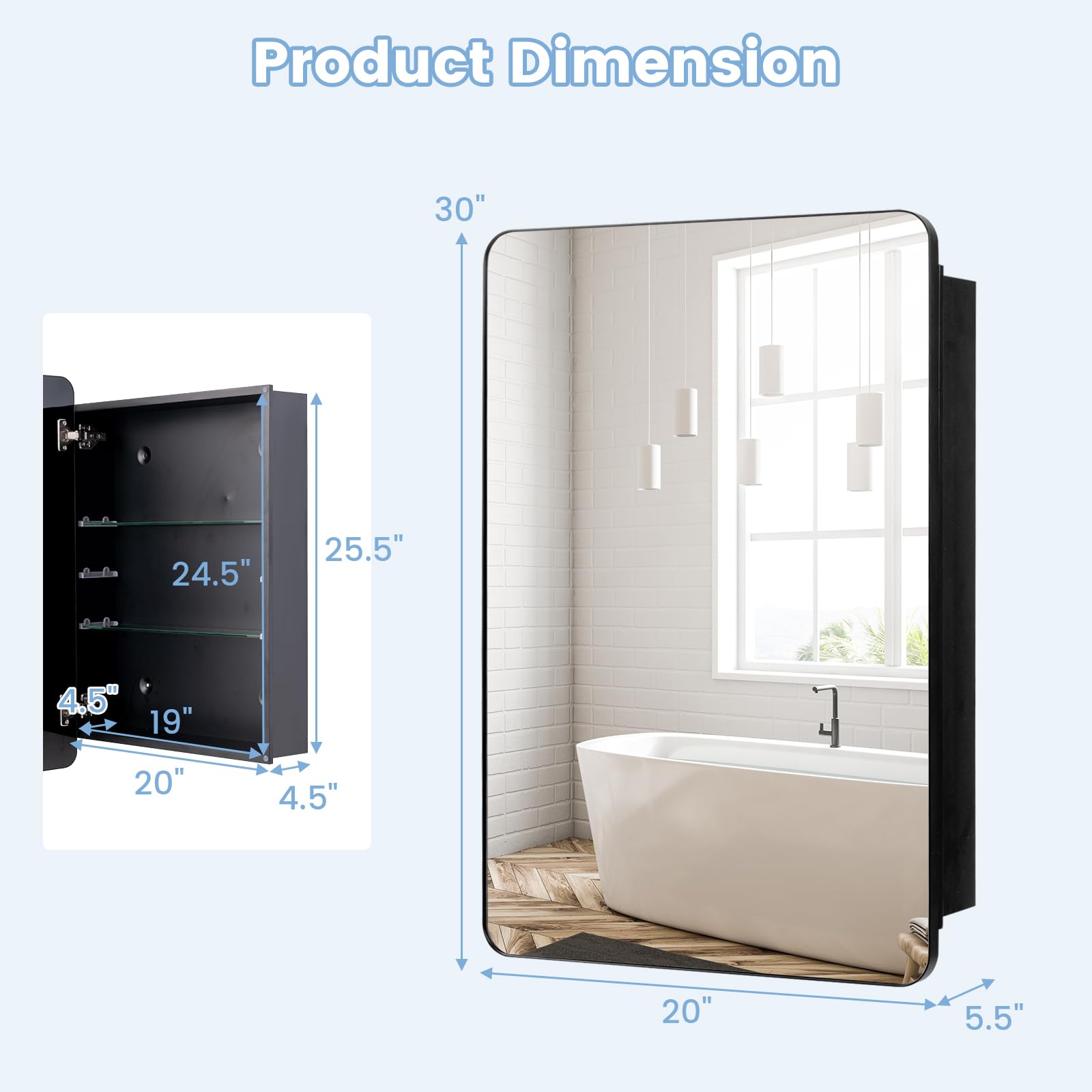 Giantex Medicine Cabinet Mirror, 20x30” Bathroom Cabinet with Beveled Mirror, Adjustable Shelves, Rounded Rectangle Frame, 2 Installation Method, Recessed Wall Cabinet, Wall Mount Cabinet, Matt Black