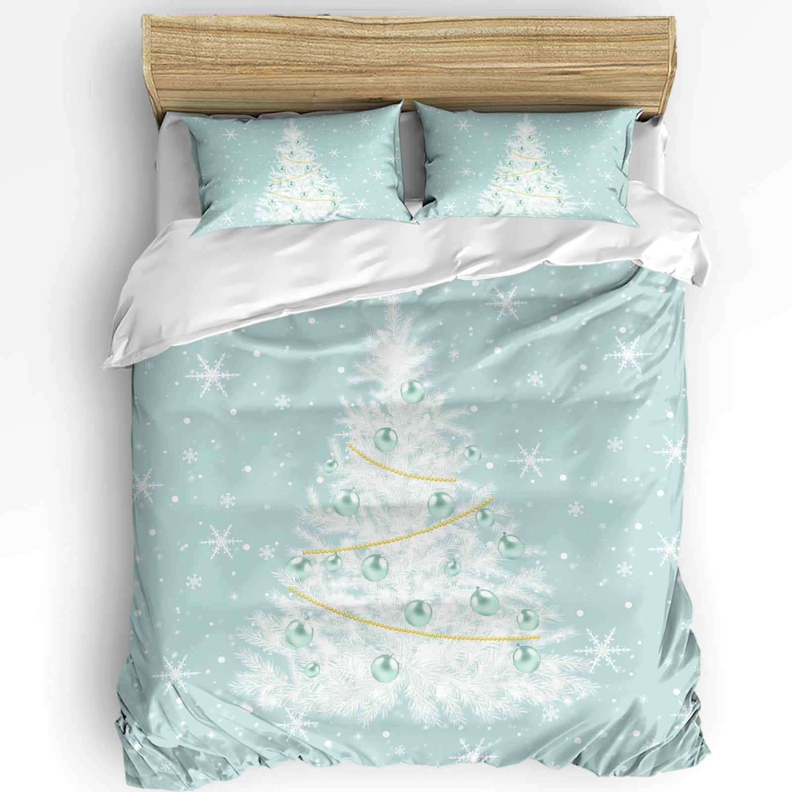 ZOE GARDEN Aqua Christmas Tree Duvet Cover Queen Size Bedding Set, 3 Pieces Washed Patterned Textured Bed Comforter/Quilt Cover with Matching White Snowflakes Xmas Holiday Pillowcases for All Seasons