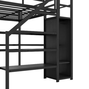 Full Size Metal Loft Bed with Desk and Wardrobe,Heavy Duty Loft Bed Frame with Storage Stairs,LED Loft Bed Full with Charging Station, Space Saving Loft Bed Full for Kids,Teens,Adults,Black