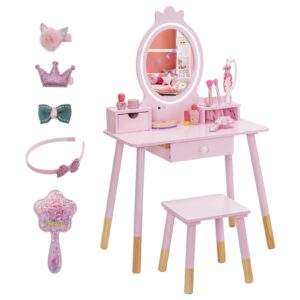 ohkids vanity set with table & stool, wooden princess vanity w/lights & mirror, 2-in-1 kids makeup table, dressing desk, large drawer, storage box, jewelry rack, chair, little girls pretend play set