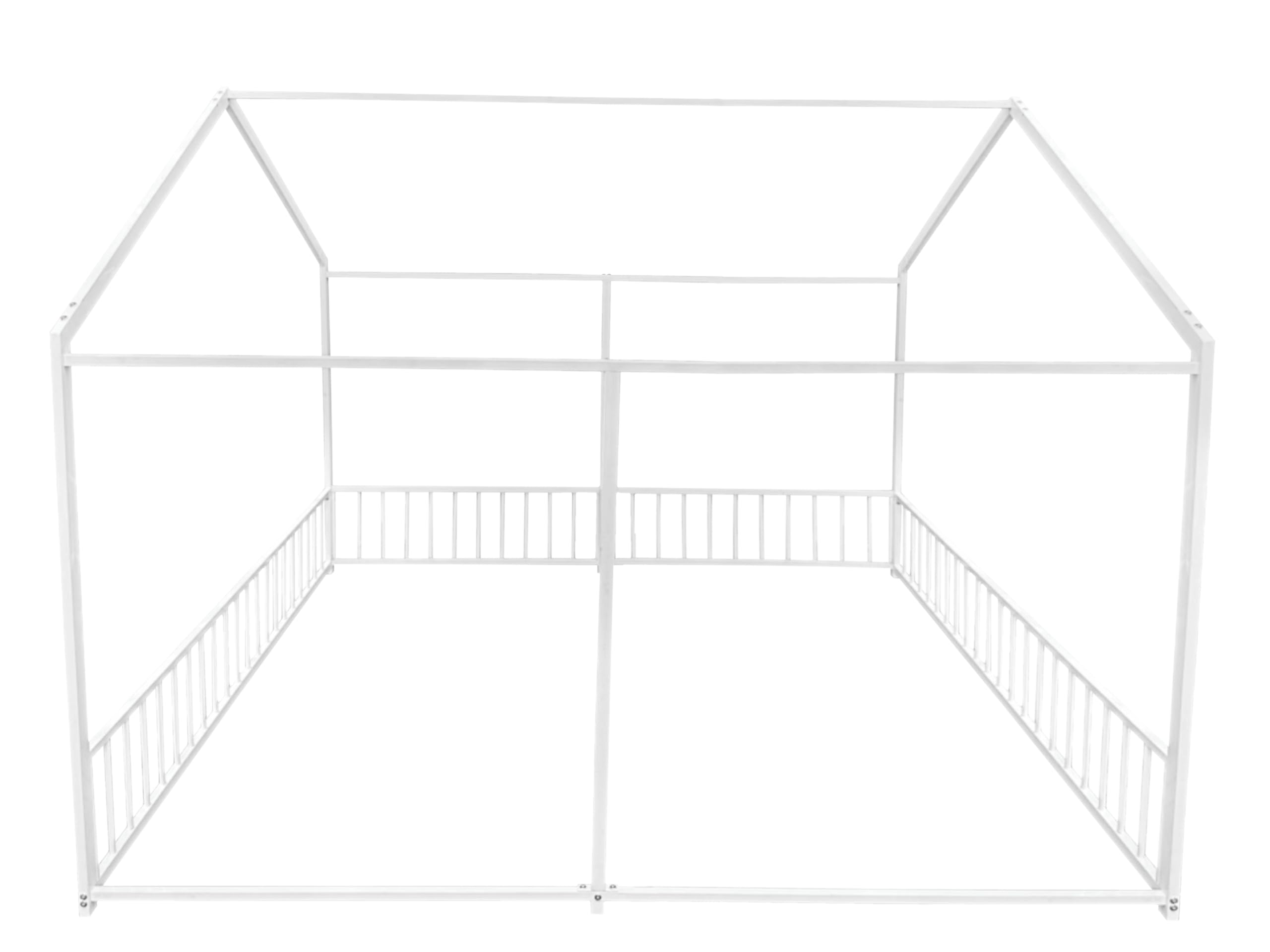 PVWIIK Double Montessori Floor Bed with Fence & Roof for Two Kids Teens Boys Girls,Twin Floor Bed,Easy Assemble,No Box Spring Needed, White