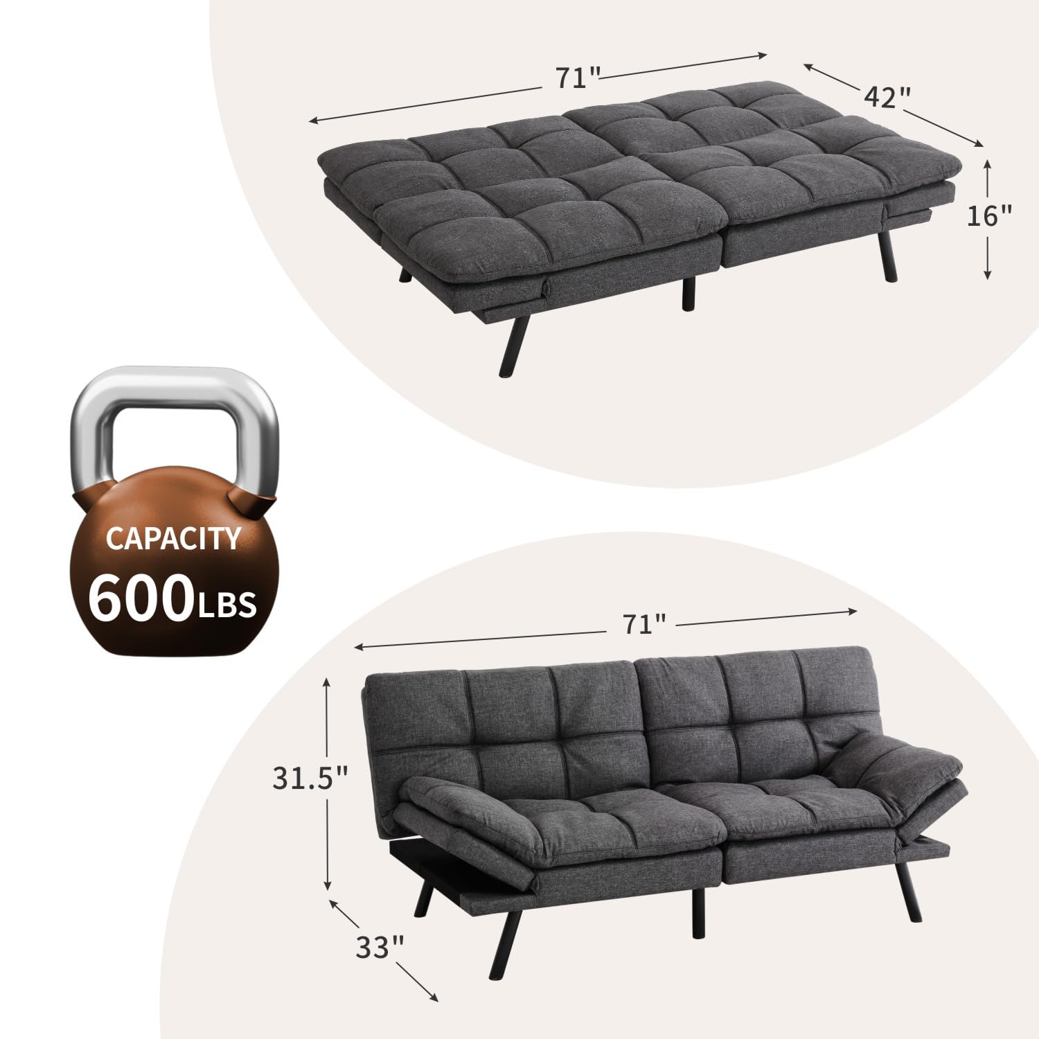 MUUEGM Futon Couch Futon Sofa Bed Small Sofa Loveseat Sleeper Sofa Leather Daybed, 71" Sofabed, 2 Seater Memory Foam Sofa for Small Space, Dark Grey