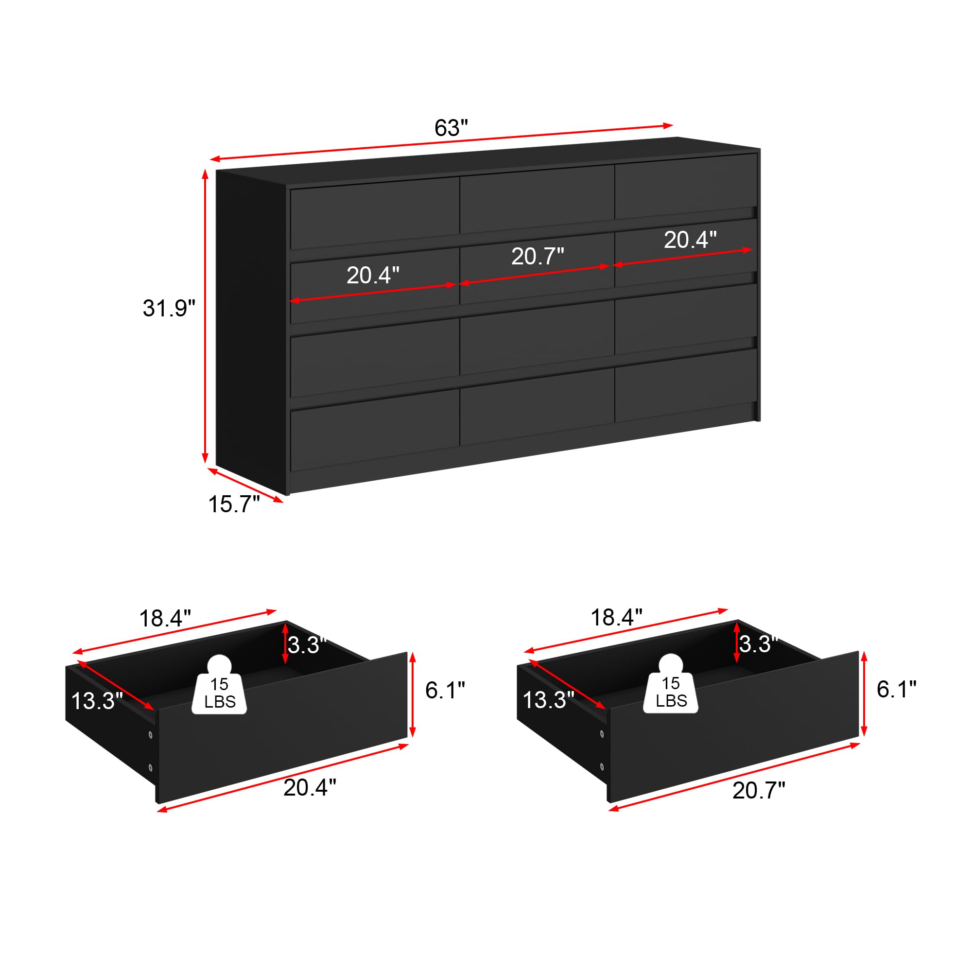 WOODTIME Dresser with 12 Handleless Drawers, 63" Large Chest of Drawers with Slide Rails, Modern Wooden Double Dresser for Bedroom Living Room, Black