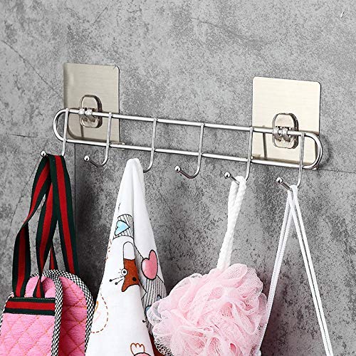 Modernnimalist Shelf,Stainless Steel Wall Monted Hanger 6 Hook Non-Drill Rack for Kitchen Bathroom