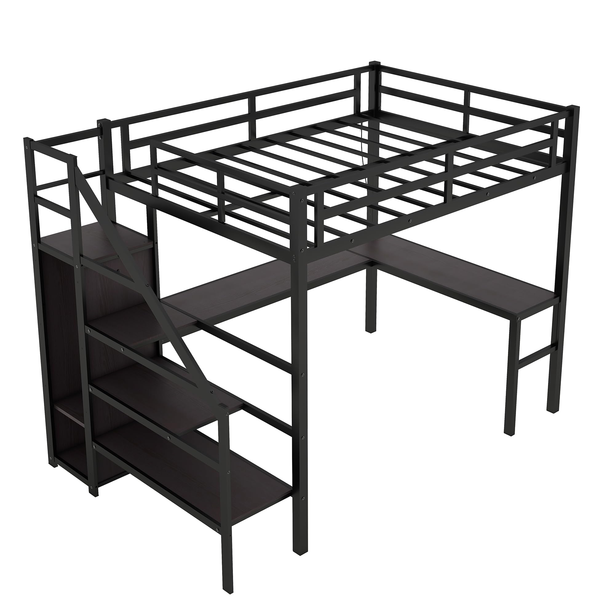 Full Size Metal Loft Bed with Desk and Wardrobe,Heavy Duty Loft Bed Frame with Storage Stairs,LED Loft Bed Full with Charging Station, Space Saving Loft Bed Full for Kids,Teens,Adults,Black