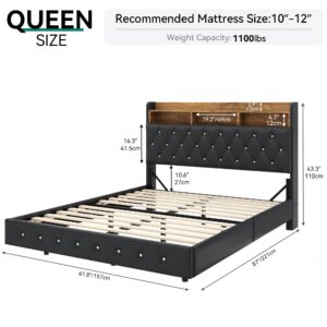 YITAHOME Floating Bed Frame Queen, Upholstered Platform Bed with RGB LED Lights, Faux Leather Crystal Button Tufted Storage Headboard and USB-C/A Charging Station, No Box Spring Needed, Black