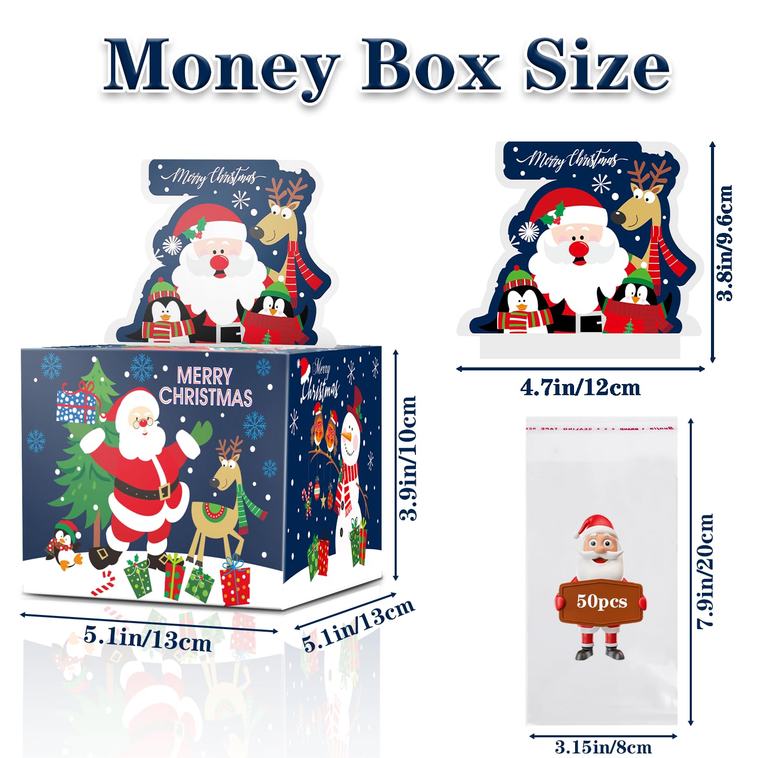 Christmas Money Box for Cash Gift Pull, Money Holder Cash Gift for Kids Adults, DIY Fun Holiday Cash Box, Surprise Gift Box for Parents, Lovers and Friends, Includes 50Pcs Transparent Bags (Blue)