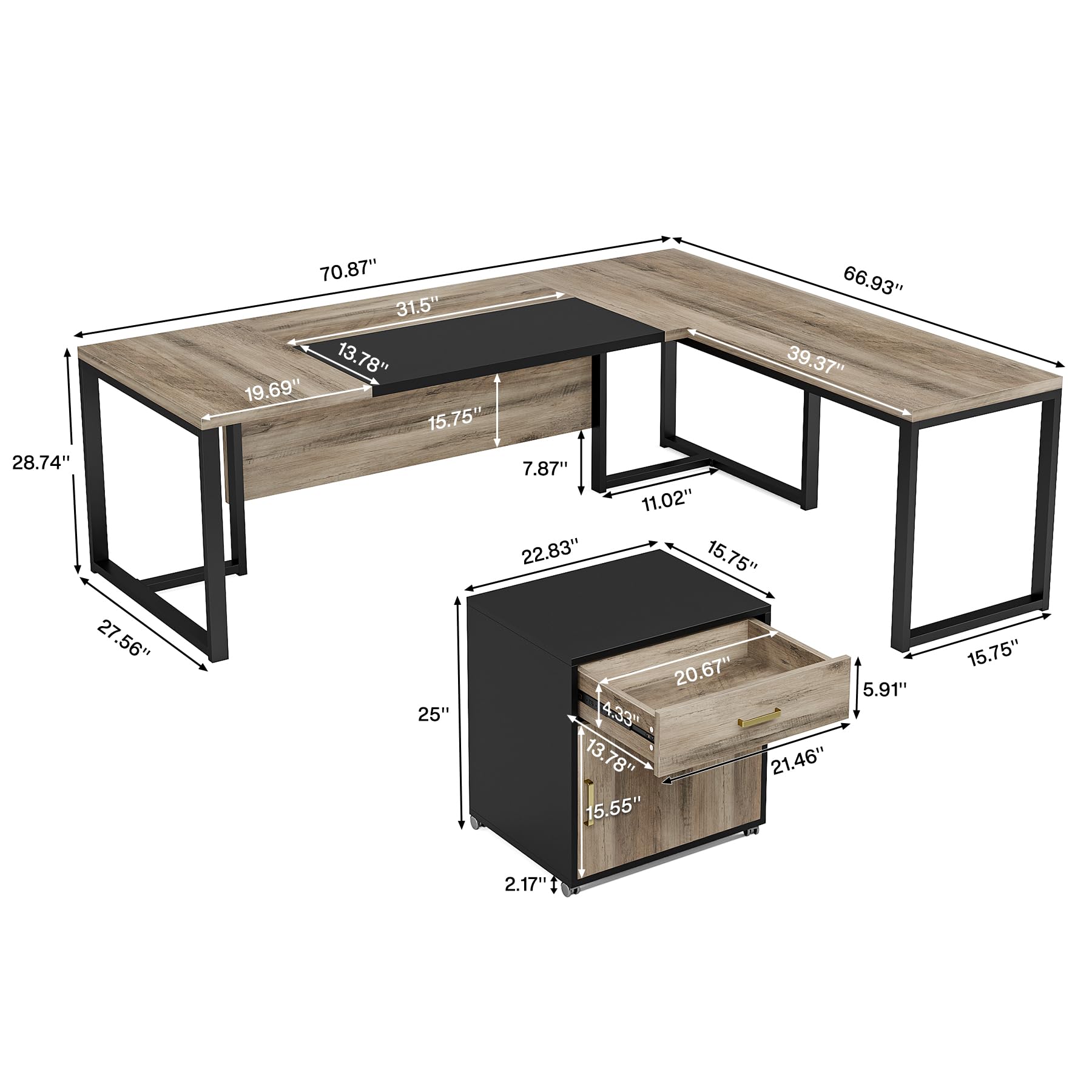 Tribesigns 70.8" L-Shaped Executive Desk with Drawer Cabinet, Large Executive Office Desk with Separate File Cabinet, Home Office Desk Workstation Business Furniture Set, Retro Gray