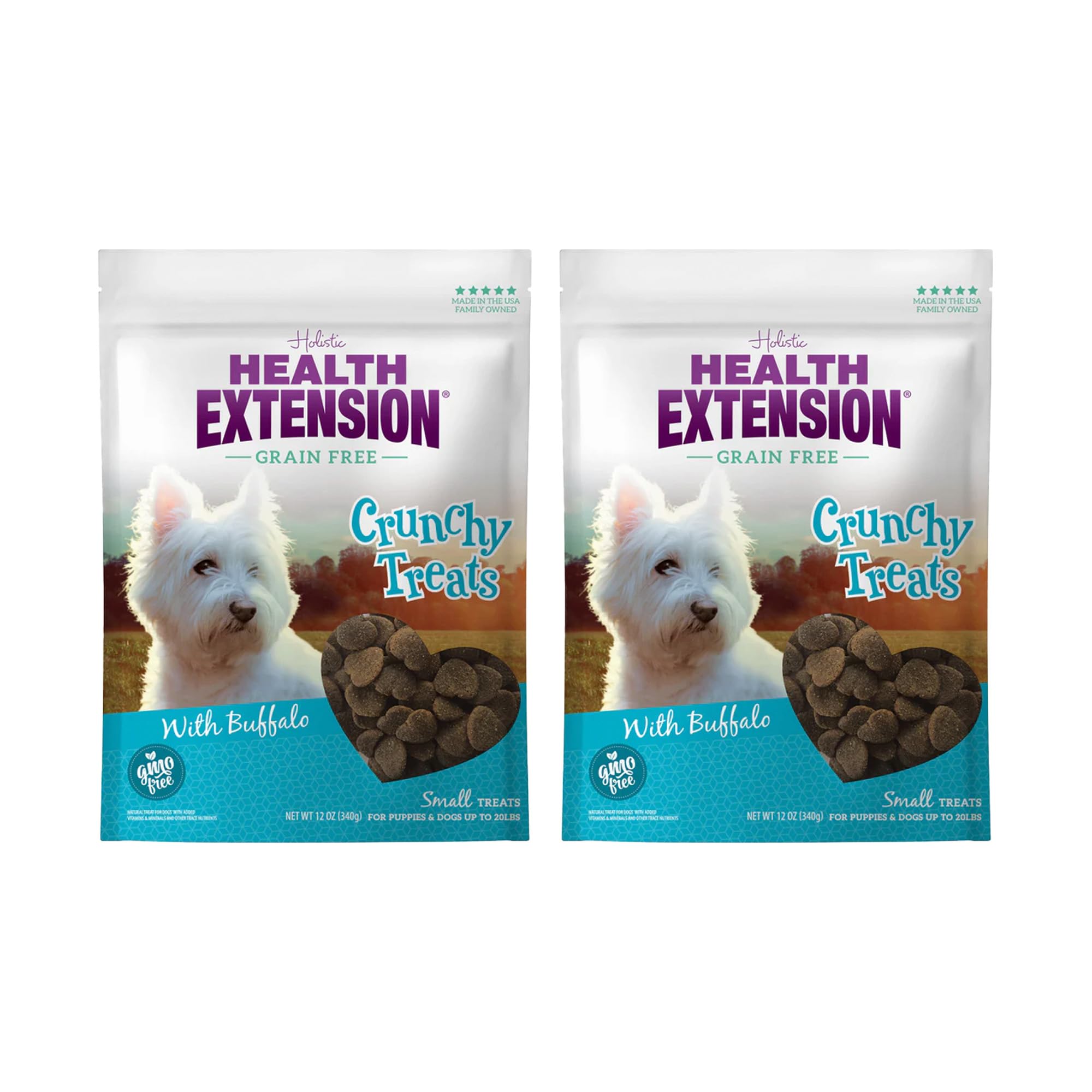 Health Extension Heart-Shaped Crunchy Biscuits, 12oz (340g) – Buffalo Recipe, GMO-Free Dog Training Treats for Small Breeds, Added Vitamins & Minerals (Pack of 2)