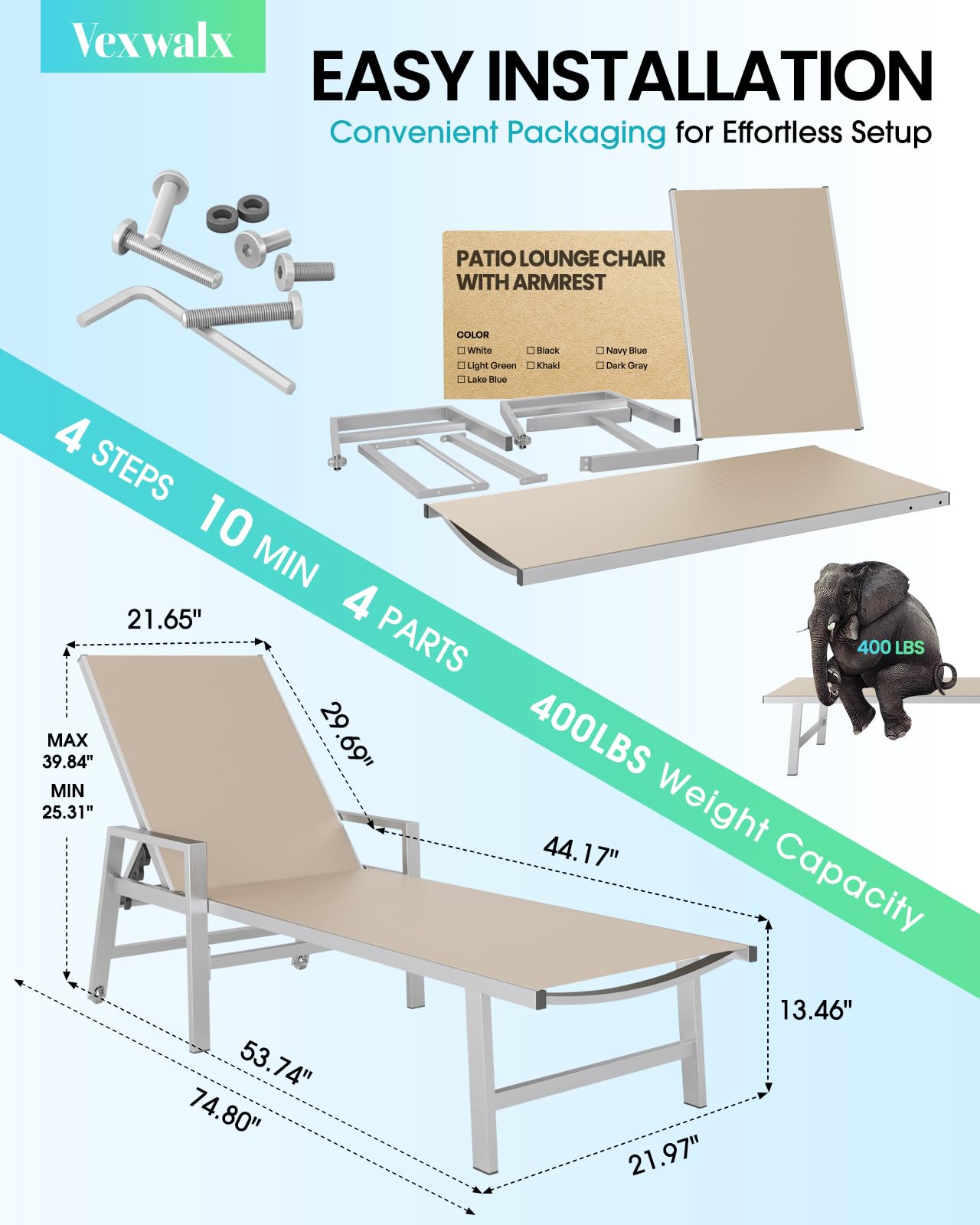 Patio Chaise Lounge Chair Outdoor with Wheels&Armrests, Aluminum Pool Lounge Chairs Set of 2 Five-Position Adjustable Recliner, Outdoor Beach Lounge Chairs for Poolside, Patio, Deck, Yard, Khaki