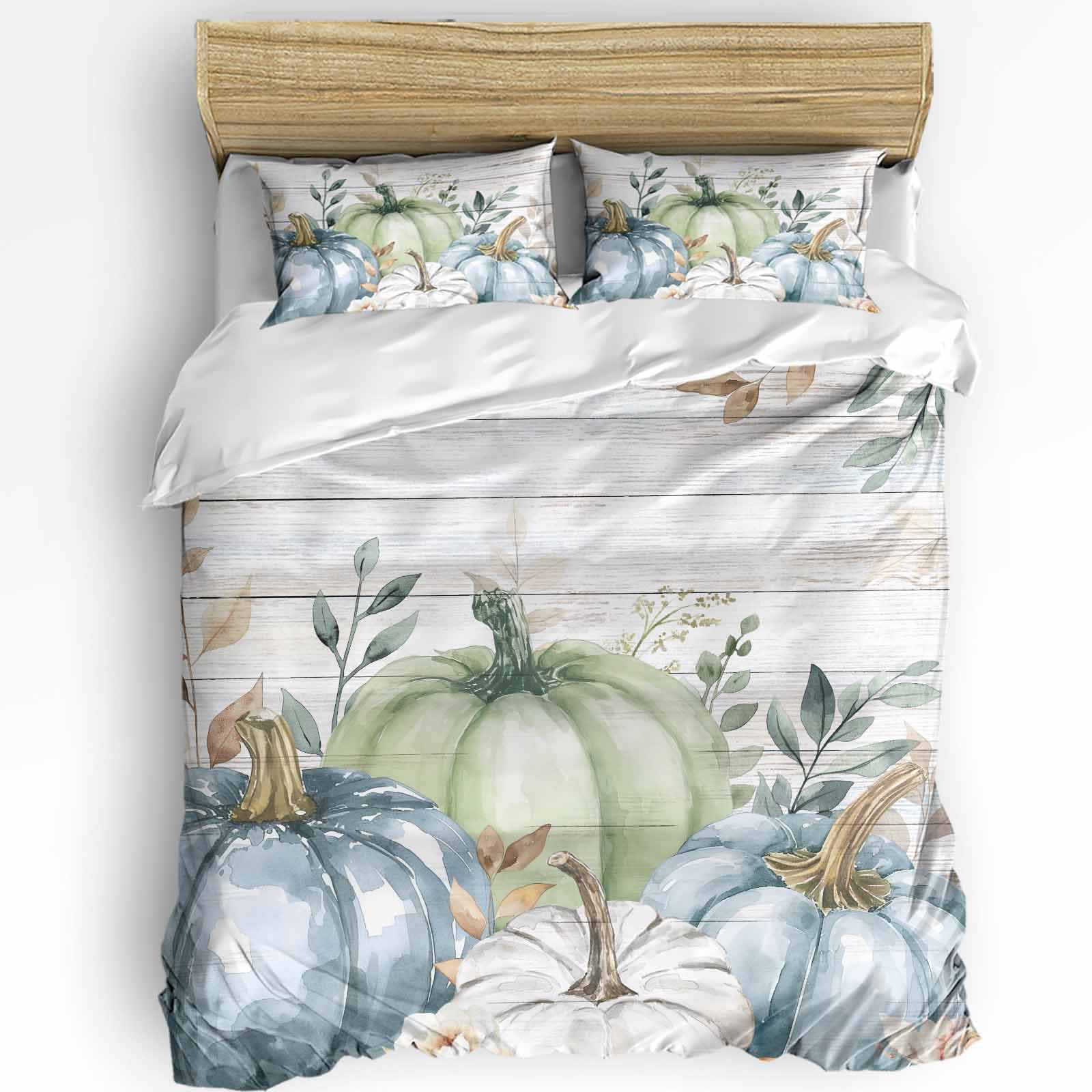 Blue Green White Pumpkin Duvet Cover Queen Size Bedding Set, 3 Pieces Washed Patterned Textured Bed Comforter/Quilt Cover with Matching Fall Farmhouse Thanksgiving Leaves Pillowcases for All Seasons