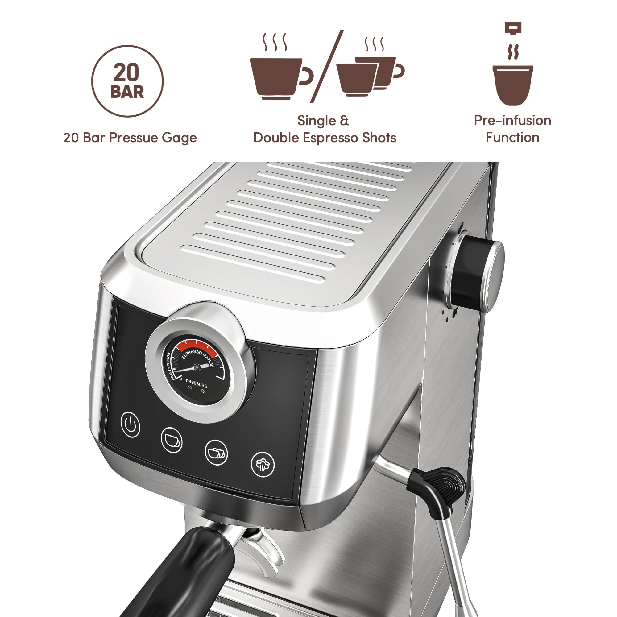 Espresso Machine,Wirsh 20 Bar Espresso Maker,Plastic-Free,Stainless Steel Expresso Coffee Machine for Espresso/Latte/Cappuccino, Touch Screen