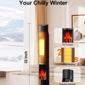 Uthfy Space Heaters for Indoor Use, 32" Electric Heater With Flame for 400 Sq.ft Large Room, 1500W Portable Tower Ceramic Room Heater With 24 H Timer, Remote, 80°Oscillation, 3 Modes for Bedroom