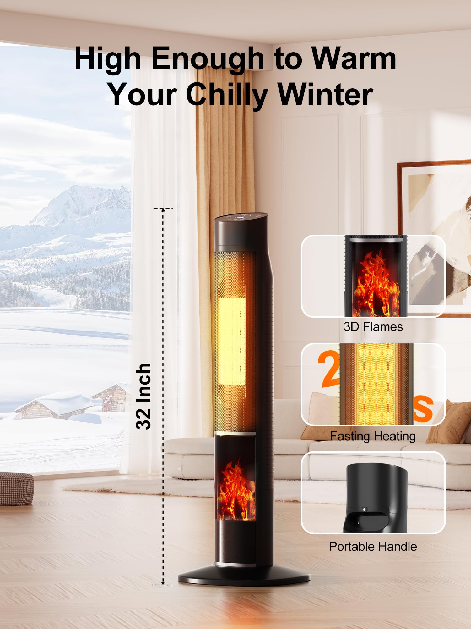 Uthfy Space Heaters for Indoor Use, 32" Electric Heater With Flame for 400 Sq.ft Large Room, 1500W Portable Tower Ceramic Room Heater With 24 H Timer, Remote, 80°Oscillation, 3 Modes for Bedroom