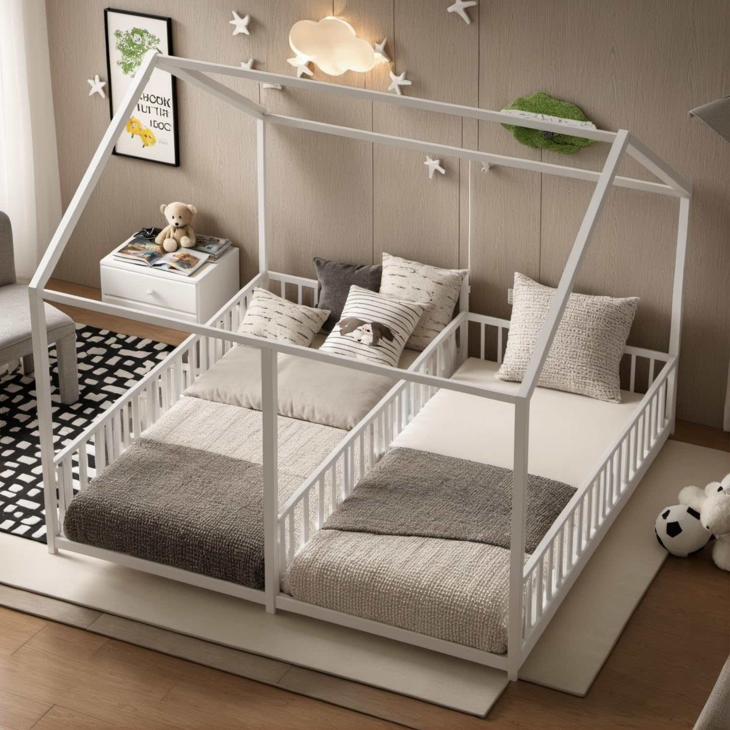 PVWIIK Double Montessori Floor Bed with Fence & Roof for Two Kids Teens Boys Girls,Twin Floor Bed,Easy Assemble,No Box Spring Needed, White