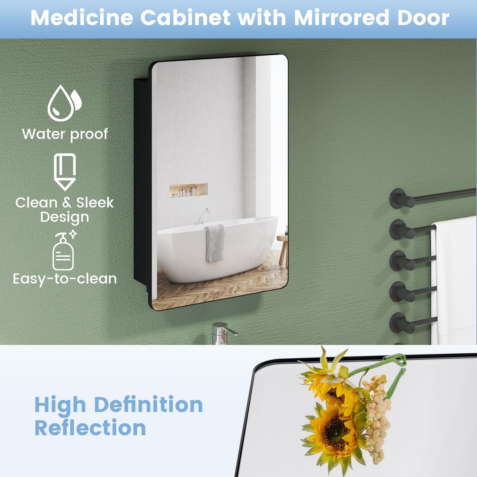 Giantex Medicine Cabinet Mirror, 20x30” Bathroom Cabinet with Beveled Mirror, Adjustable Shelves, Rounded Rectangle Frame, 2 Installation Method, Recessed Wall Cabinet, Wall Mount Cabinet, Matt Black