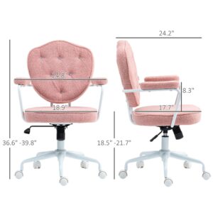 HOMCOM Cute Home Office Chair, Computer Desk Chair with Button Tufted, Teddy Bear Fleece Swivel Vanity Chair, Pink