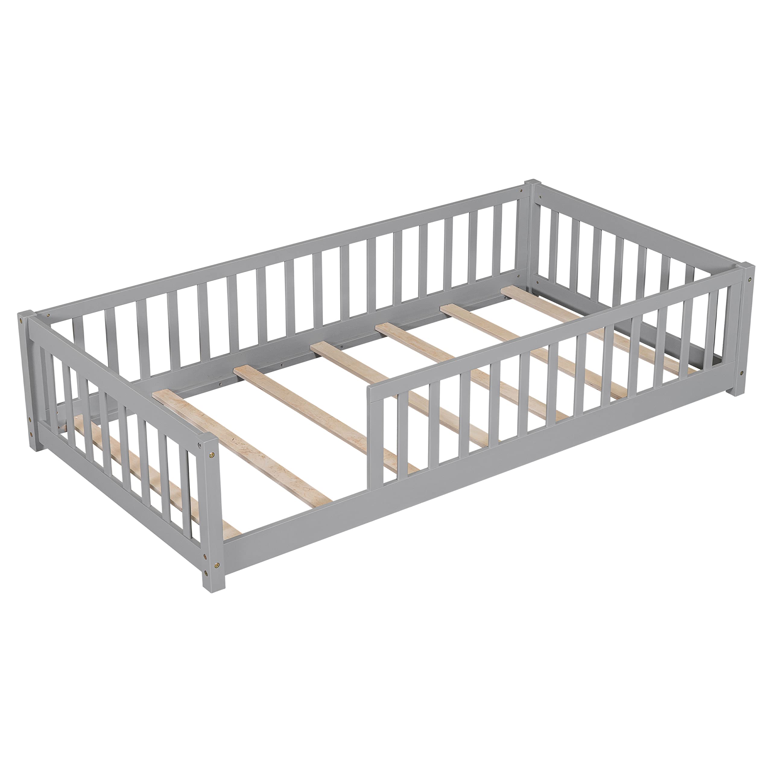 Twin Size Montessori Floor Bed for Kids,Twin Floor Bed Frame with Slats,Solid Wood Twin Bed Frame for Girls Boys,Grey