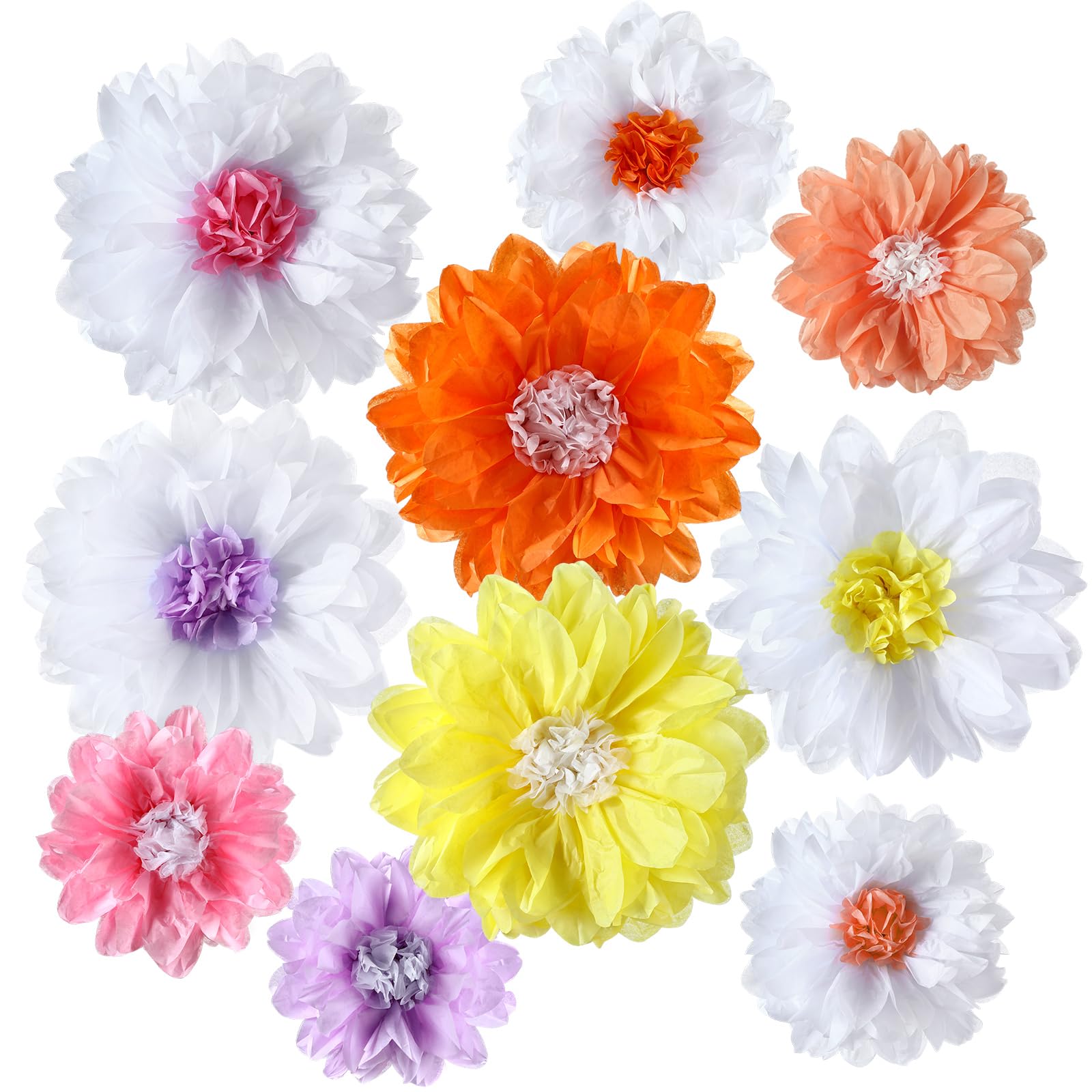 Affrolling 10 Pcs Boho Retro Daisy Tissue Paper Pom Poms Party Decorations 12" 8" Daisy Tissue Paper Flowers Wall Hanging Baby Shower Bridal Wedding Birthday Party Backdrop Classroom Decor