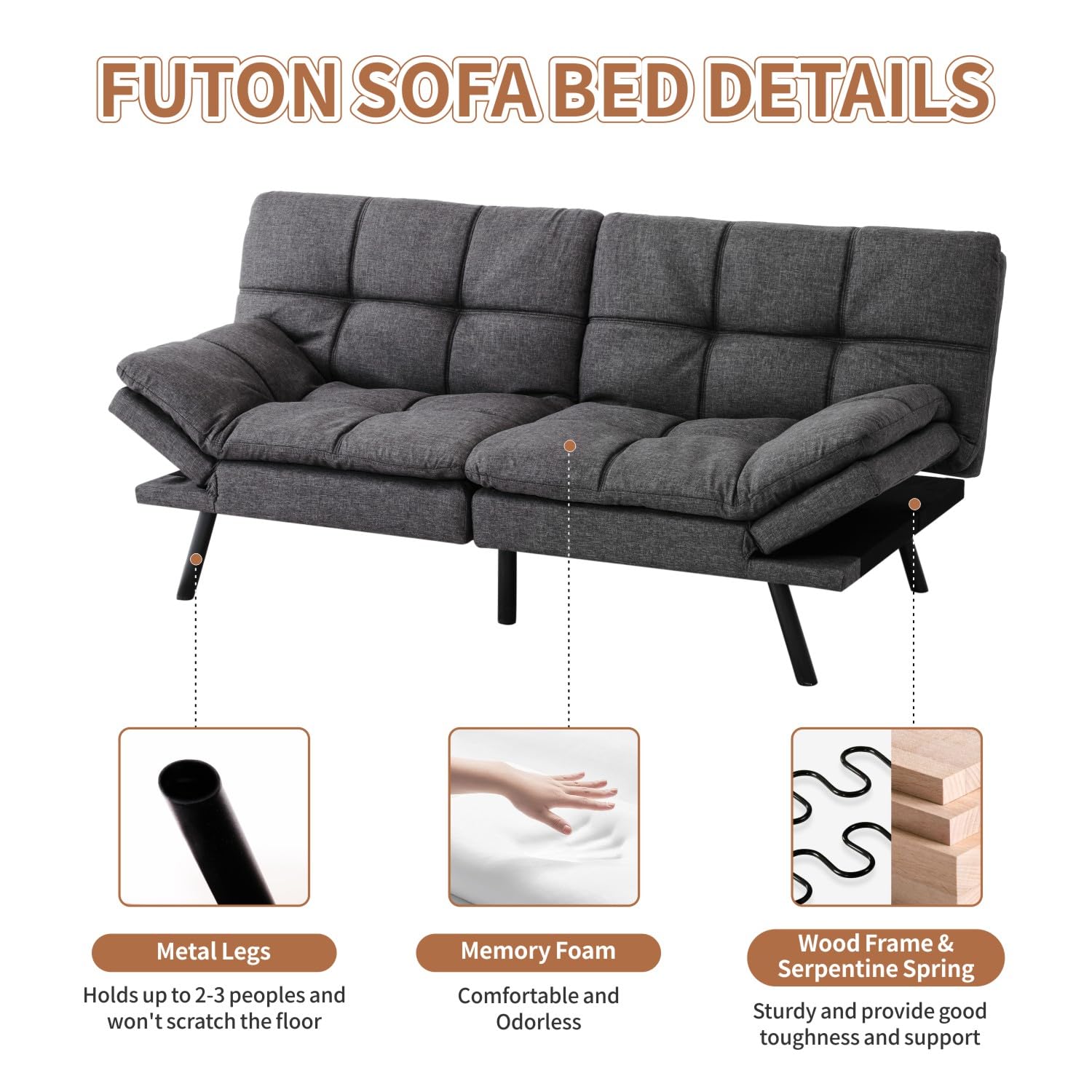 MUUEGM Futon Couch Futon Sofa Bed Small Sofa Loveseat Sleeper Sofa Leather Daybed, 71" Sofabed, 2 Seater Memory Foam Sofa for Small Space, Dark Grey