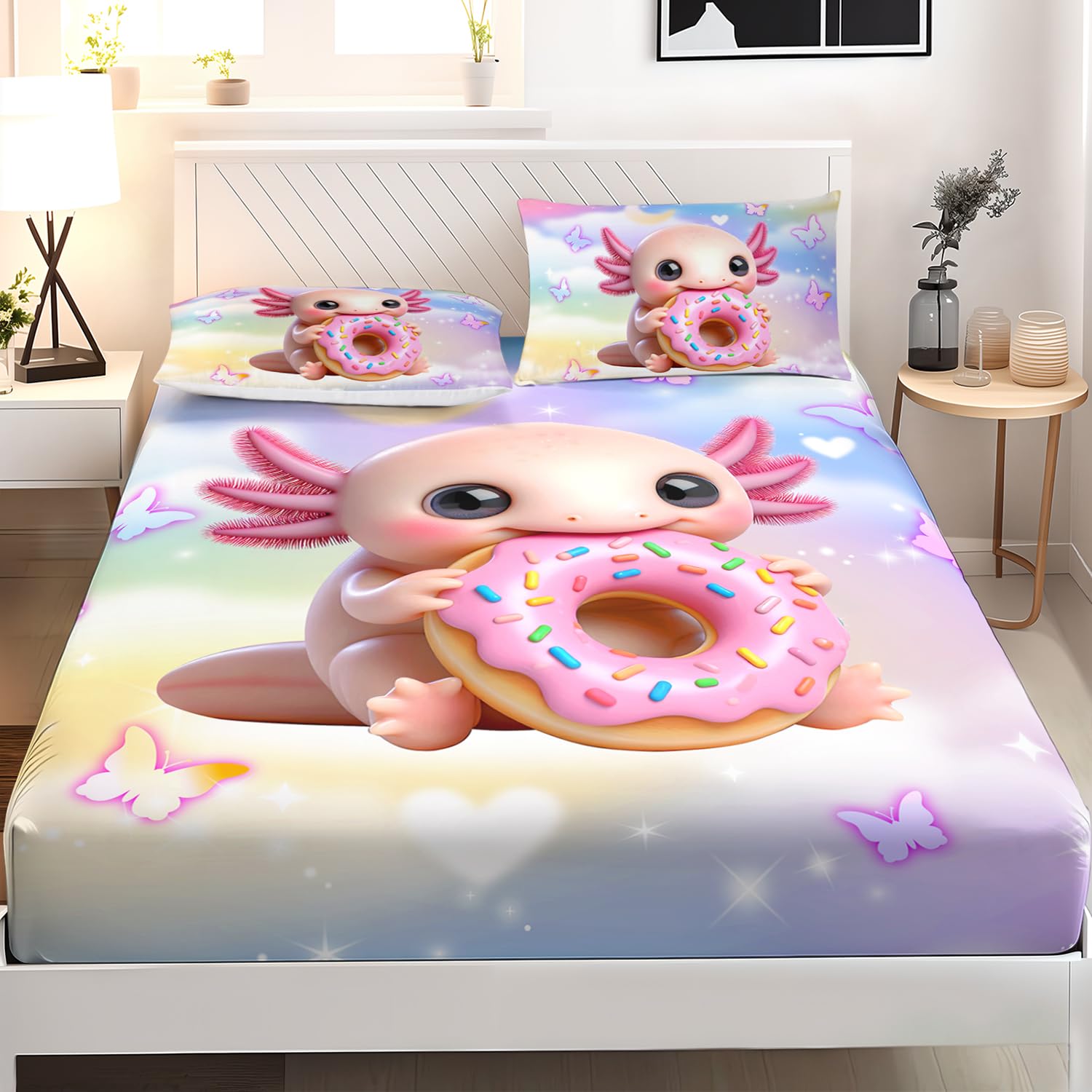 AILONEN Cute Axolotl Fitted Sheet Set Full Size,3-Piece Doughnut Axolotl Bed Sheet Set for Kids Girls All Season,Pretty Butterfly Design Axolotl Print Fitted Sheet with 2 Pillowcases,Microfiber