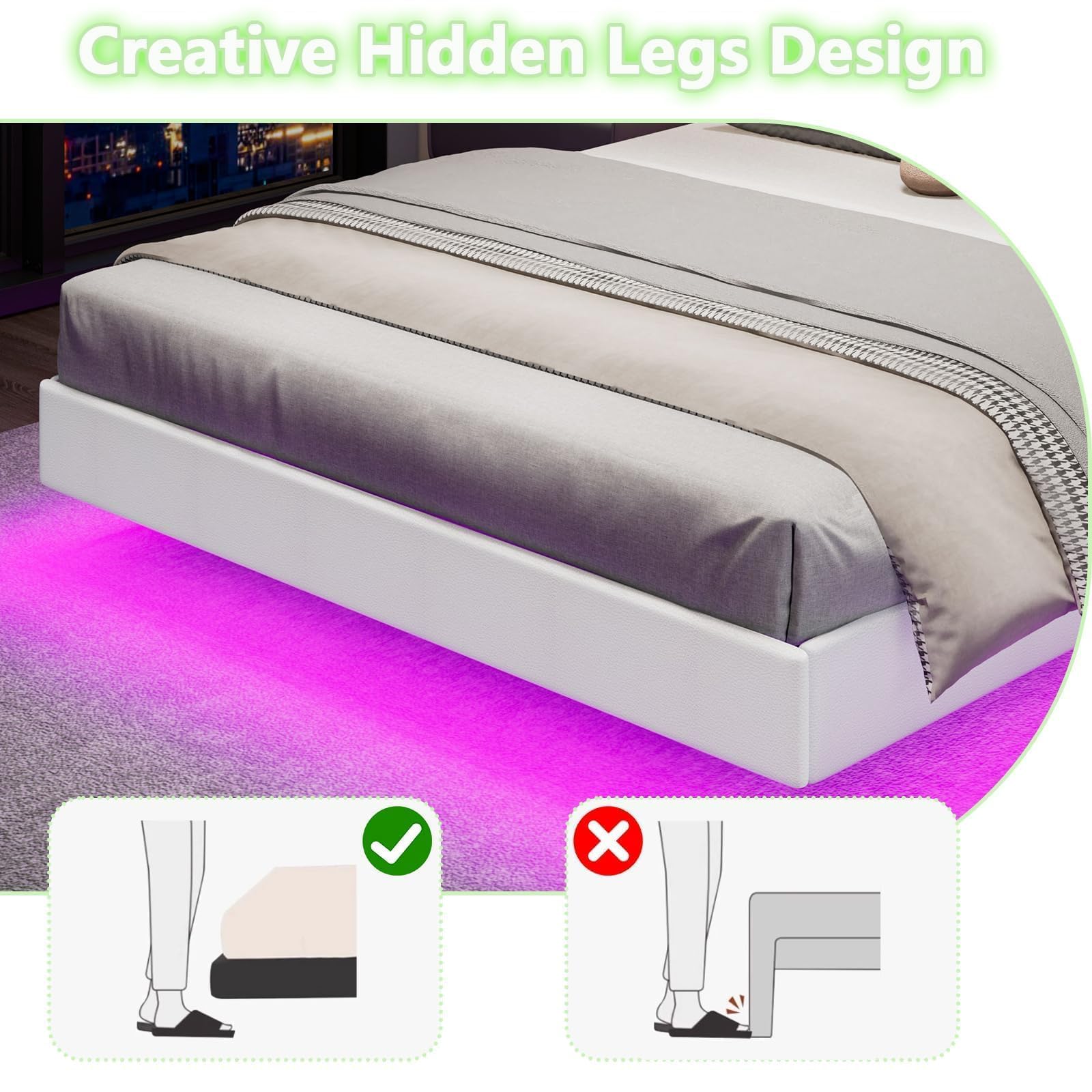 IMMERSTABLE Floating Bed Frame Queen with RGB LED Lights, Upholstered Bed Frame Queen with Headboard, Solid Wood Slats Support, Queen Bed Frame No Box Spring Needed, Noise-Free, Easy Assembly, White