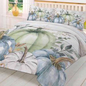 Blue Green White Pumpkin Duvet Cover Queen Size Bedding Set, 3 Pieces Washed Patterned Textured Bed Comforter/Quilt Cover with Matching Fall Farmhouse Thanksgiving Leaves Pillowcases for All Seasons