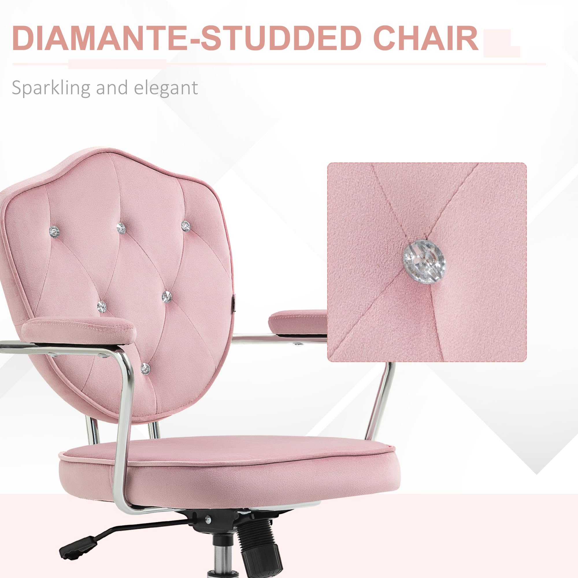 HOMCOM Cute Home Office Chair, Computer Desk Chair with Button Tufted Velvet-Feel Fabric, Swivel Vanity Chair, Pink