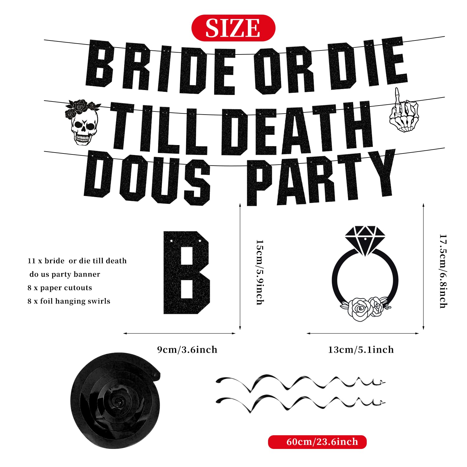 Till Death Do Us Party Bachelorette Decorations, Pre-assembled Black Glitter Bride Or Die Till Death Do Us Party Banner and 8pcs Hanging Swirl, Bride Or Die Bachelorette Party Decorations