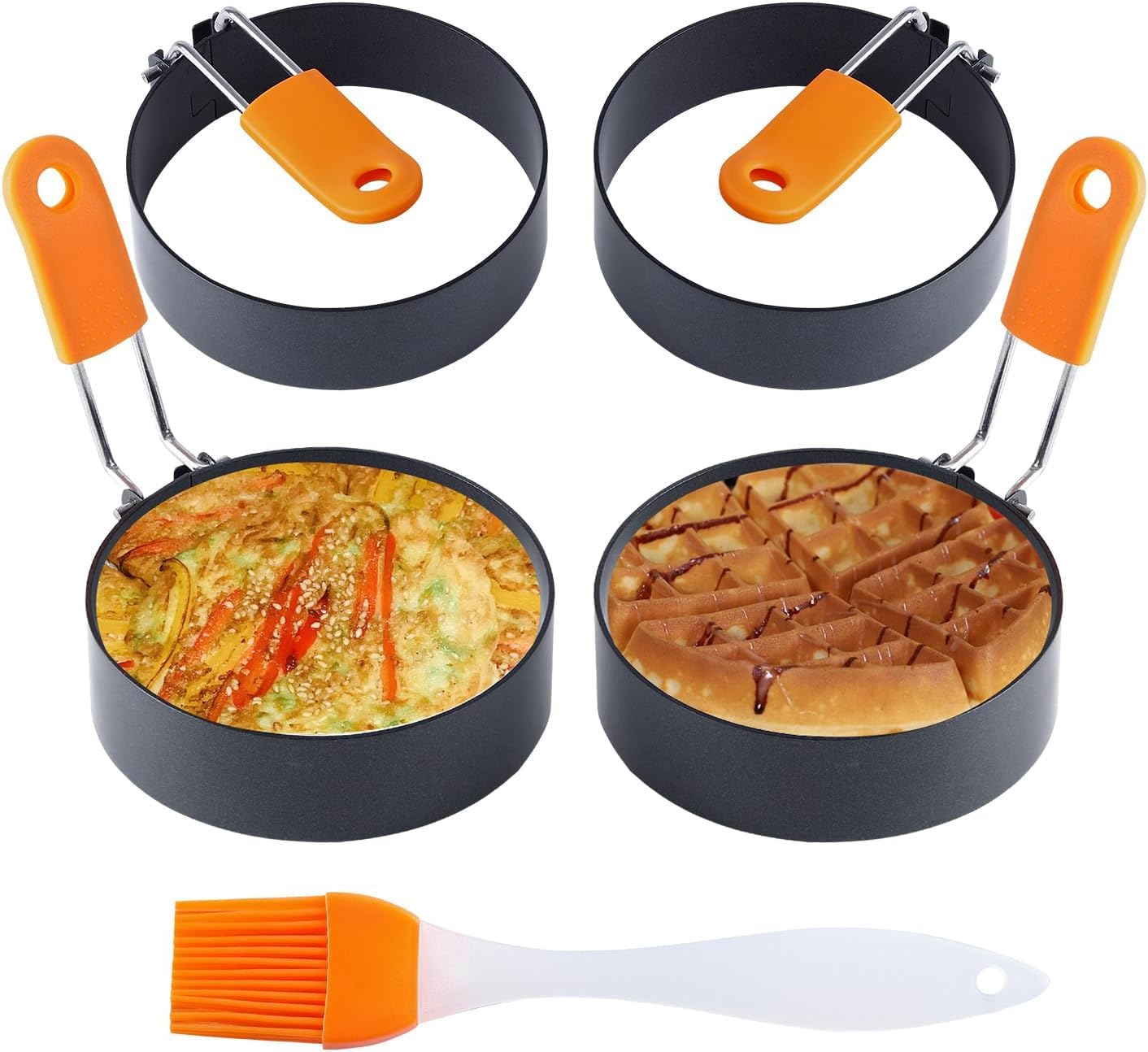 Large Egg Ring 3.5 Inches 4 PCS - Egg Rings for Frying with Oil Brush, Fried Egg Mold Egg Mcmuffins Makers Omelet Pancake Cookie Makers